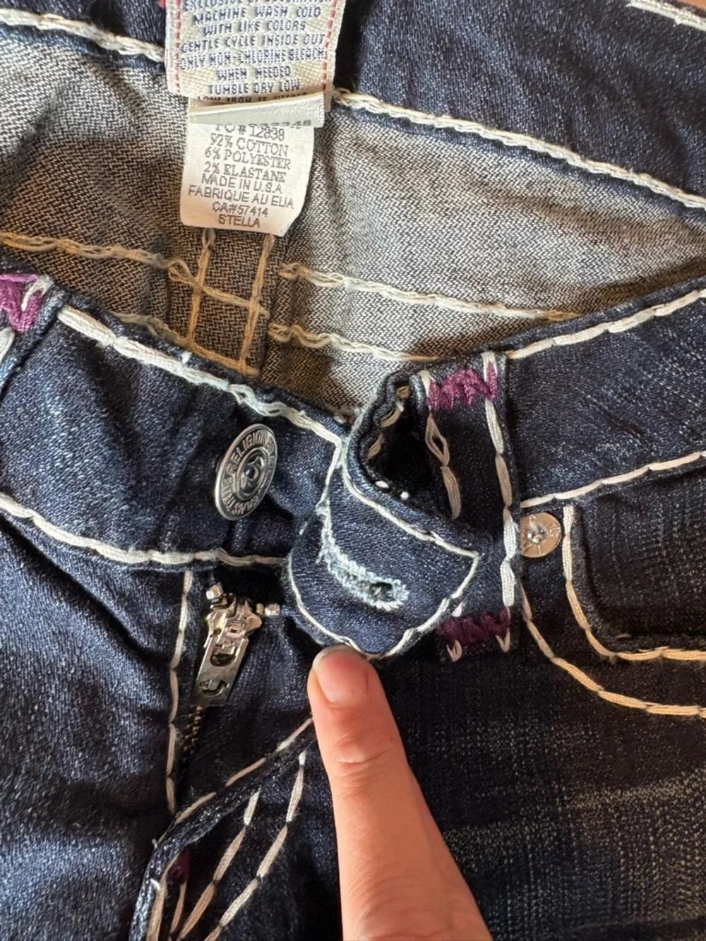 True Religion Dark Blue Skinny Jeans with White Stitching and Purple Patch - Picture 6 of 12